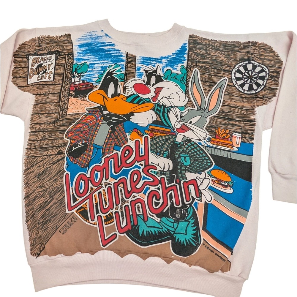 Vintage 1994 Looney Tunes Lunchin Sweatshirt Freeze Tultex Pink Mens XL USA Made